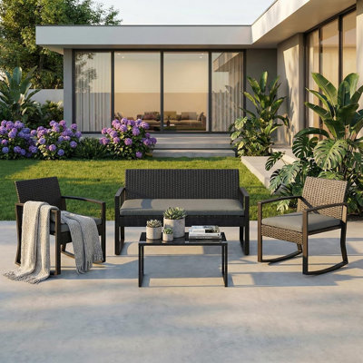 Ensemble de conversation 4 pièces en rotin de patio en rotin PE - Ensemble de conversation en osier avec table basse, chaises berçantes et coussins pour patio, porche, cour