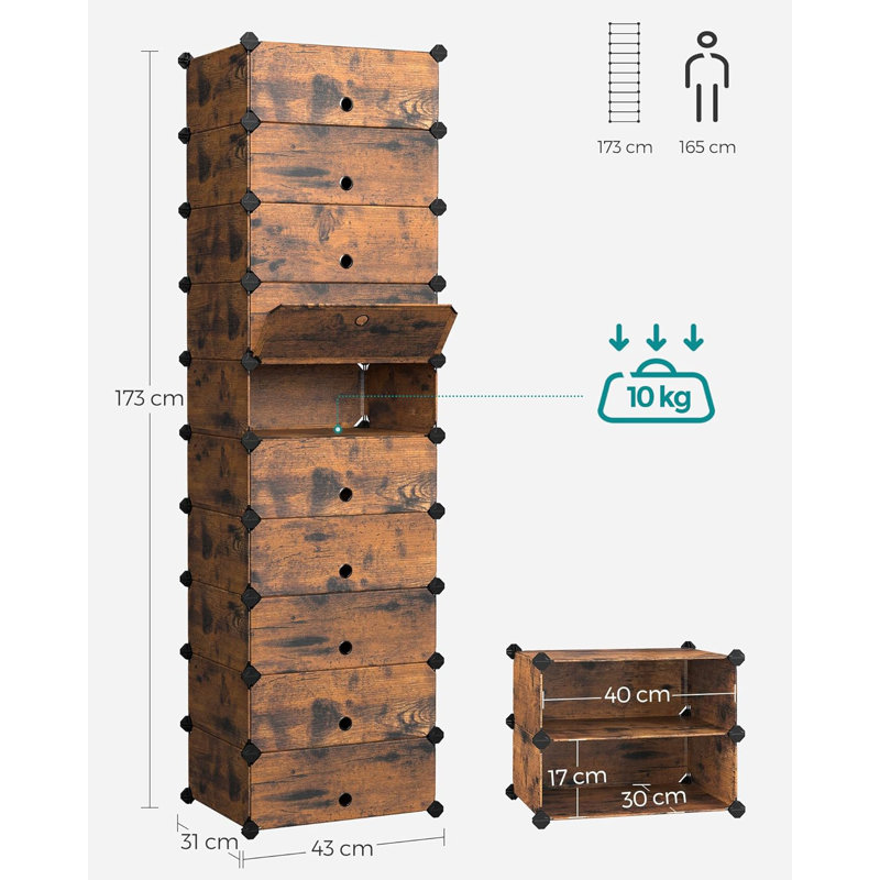 Interlocking Shoe Rack, Rectangular Storage Organiser, 10 Slot Modular DIY Storage Shelf Unit, 40 X 30 X 17 Cm For Each Slot, Plastic Wardrobe With Doors, Rustic Brown