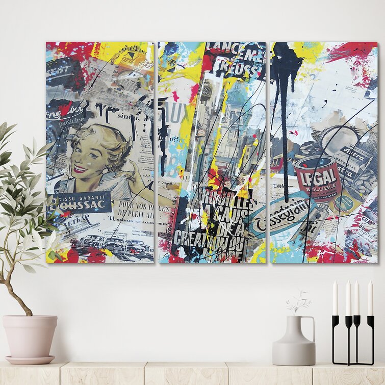 Bless international Old Style Newspaper Street Art Collage XI On Canvas 3  Pieces Print