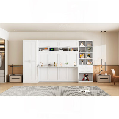 Grand lit escamotable mural avec placard, tiroirs et tablettes, blanc