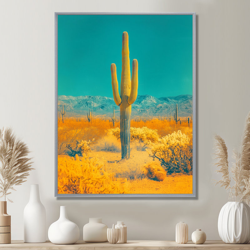 Maricelys Saguaro In The Desert Sun - Cactus, art mural, Argent argent, H 40 po x l 30 po