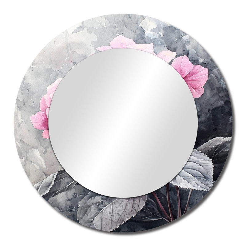 Doux hortensia rose en niveaux de gris I - art mural miroir floral - imprimé sur métal, 23 po x 23 po