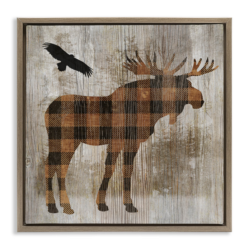 Orignal à carreaux et aigle, 18" H x 18" W, Cadre flottant orme Montalcino
