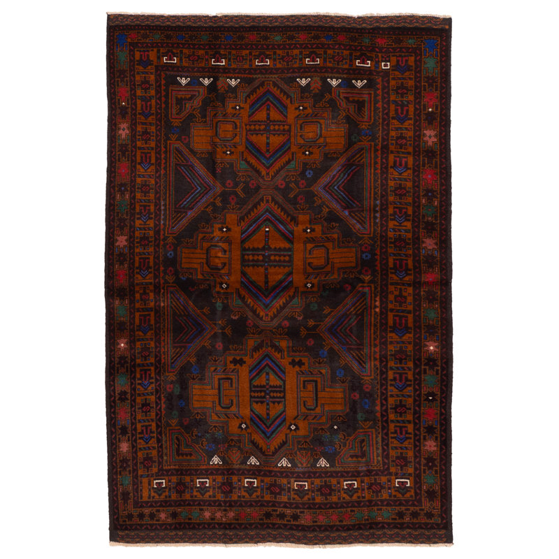 Tapis noir brûlé orange Teimani 4 pi 3 po x 6 pi 7 po