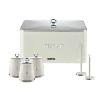 GEEPAS RetroVive Tea Coffee Sugar Canister, Bread Bin, Mug Tree & Towel Pole Set | 13L Bread Box 1.4L Airtight Canister Set | Carbon Steel Build Kitchen Counter Storage Space Saver
