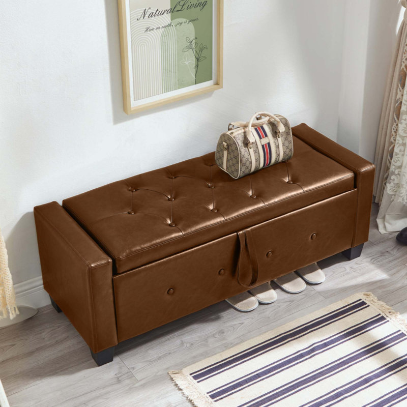Ottoman Bench With Storage, Bench For Bedroom,Living Room,Hallway, Upholstered Tufted Faux Leather PU Ottoman, Brown