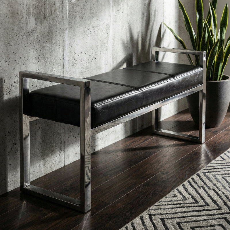 Contemporary Metal Entryway Bench, faux Leather, Black