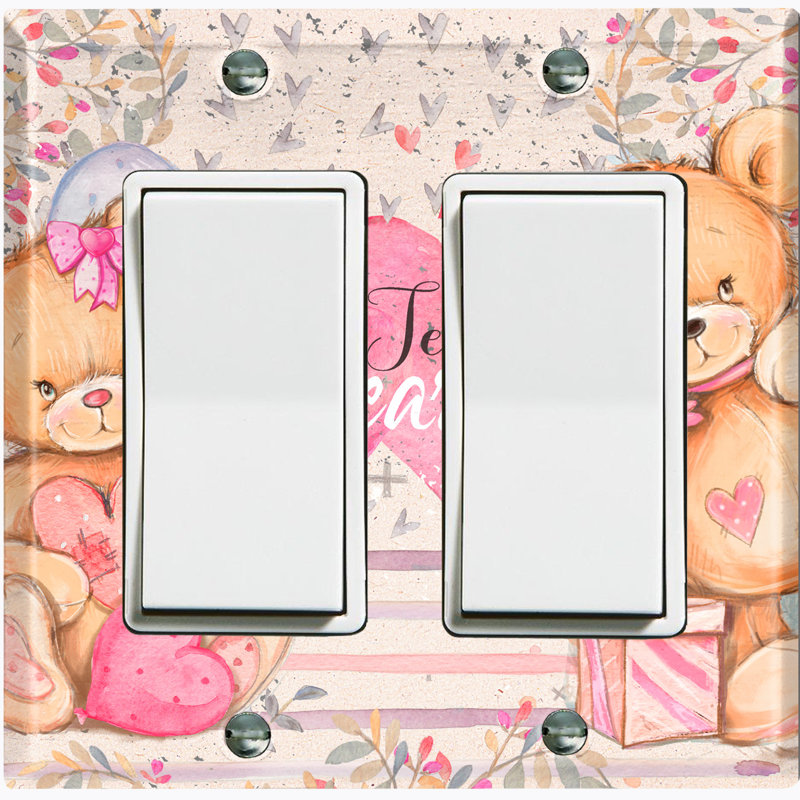 Metal Light Switch Plate Outlet Cover (Teddy Bears Birthday Love Hearts Present - Double Rocker)