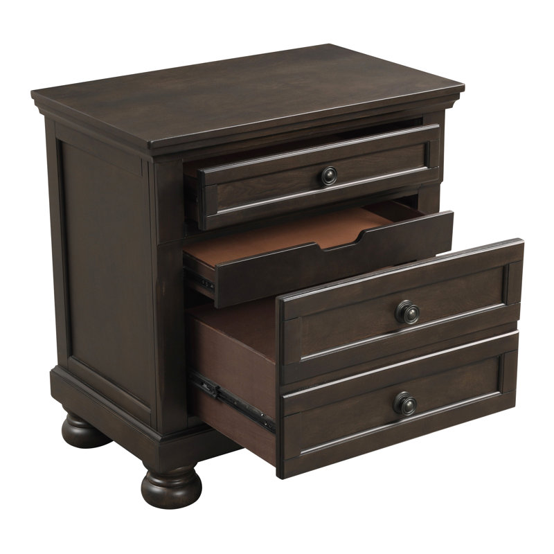 Table de chevet de chambre à coucher en brun grisâtre - 2 tiroirs, bois d'ingénierie, élément décoratif en bois avec glissières à teinte, ornementales