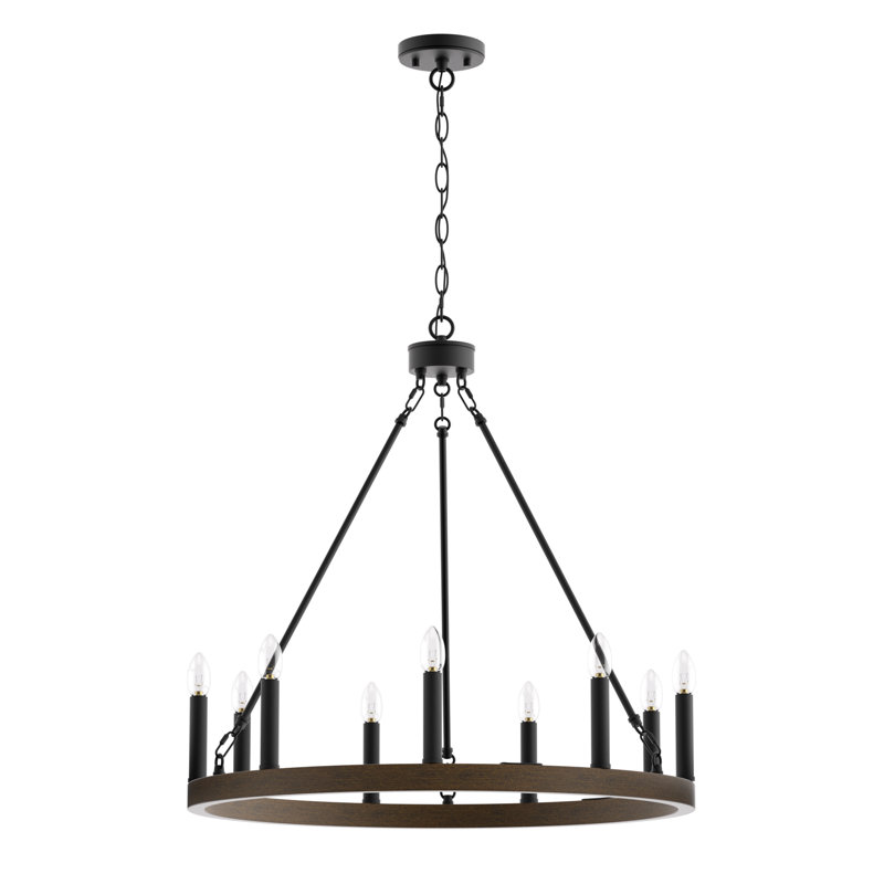 Adriana 9-Light Dimmable Wagon Wheel Chandelier with Sloped Ceiling Adapter, Weathered Walnut, 24" H x 24" W x 24" D