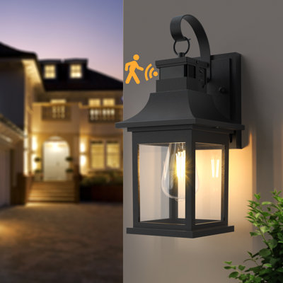 1 - Light 14"H Oil Rubbed Bronze Iron Tempered Glass Outdoor Wall Lantern with Dusk to Dawn and Motion Sensor