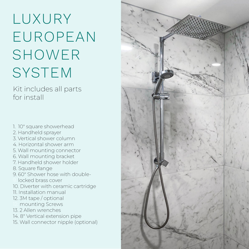 Polaris Lux 10" Chrome Square Rainfall Shower System with Handheld