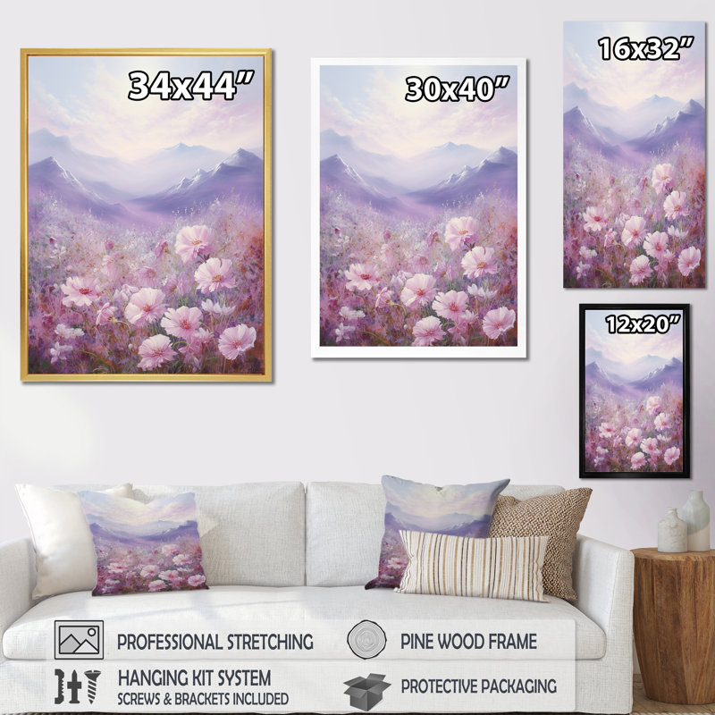 "Pink Roses Field In Mountain II", reproduction d'art sur toile, Cadre simple argenté, H 40 po x l 30 po x P 1,5 po