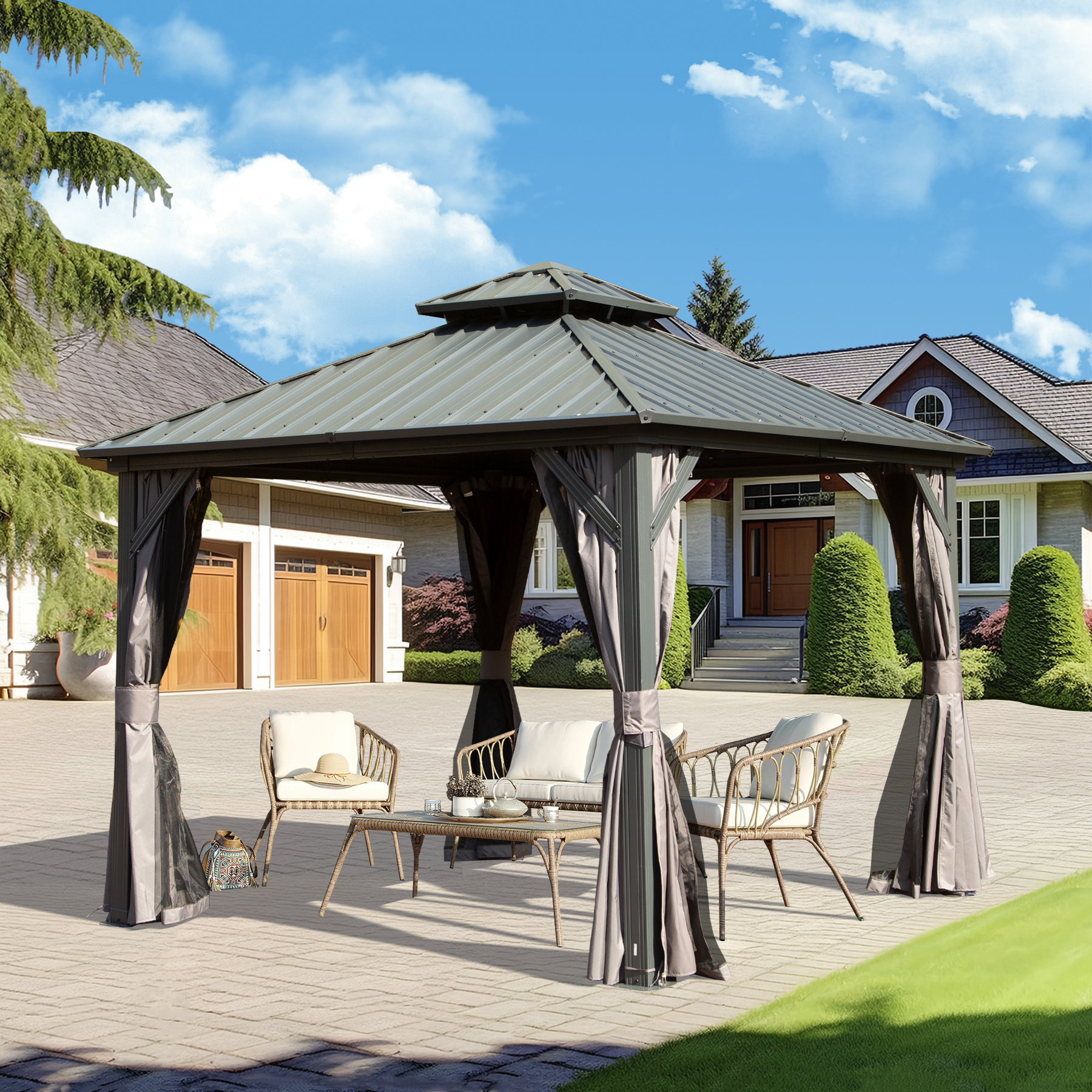 domi outdoor living Galvanized Steel Patio Gazebo with Overhang Slope ...