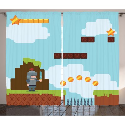 Video Games Arcade World Kids 90's Fun Theme Knight with Sword Fireball Bonus Stars Coins Graphic Print & Text Semi-Sheer Rod Pocket Curtain Panels -  Ambesonne, p_23518_108x84