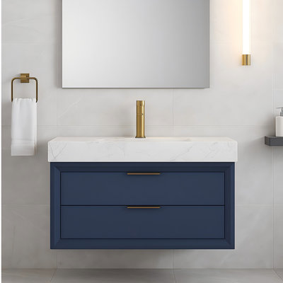 36" Blue Floating Bathroom Vanity with Light, White Engineered Marble Top, Undermount Sink, Soft-Close Drawers