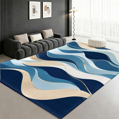 Tapis à motif vague abstrait, style moderne bleu beige et or, antidérapant, décoration intérieure artistique pour salon, chambre, entrée, cuisine, balcon, appartement