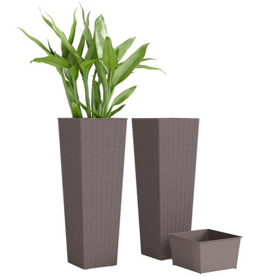32,5 po de hauteur pots de fleurs pour les plantes d'extérieur, ensemble de 2 pots de fleurs en plastique de type rotin avec trous de drainage, pots de fleurs effilables empilables pour plantes d'intérieur, porche, brun