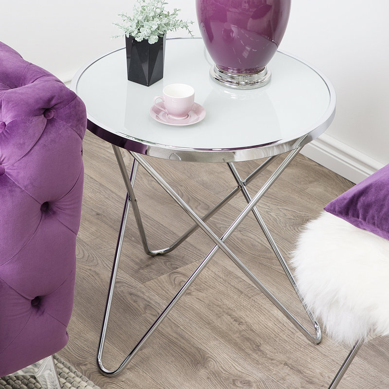 Krista Glass Top Cross Legs End Table, White/Silver