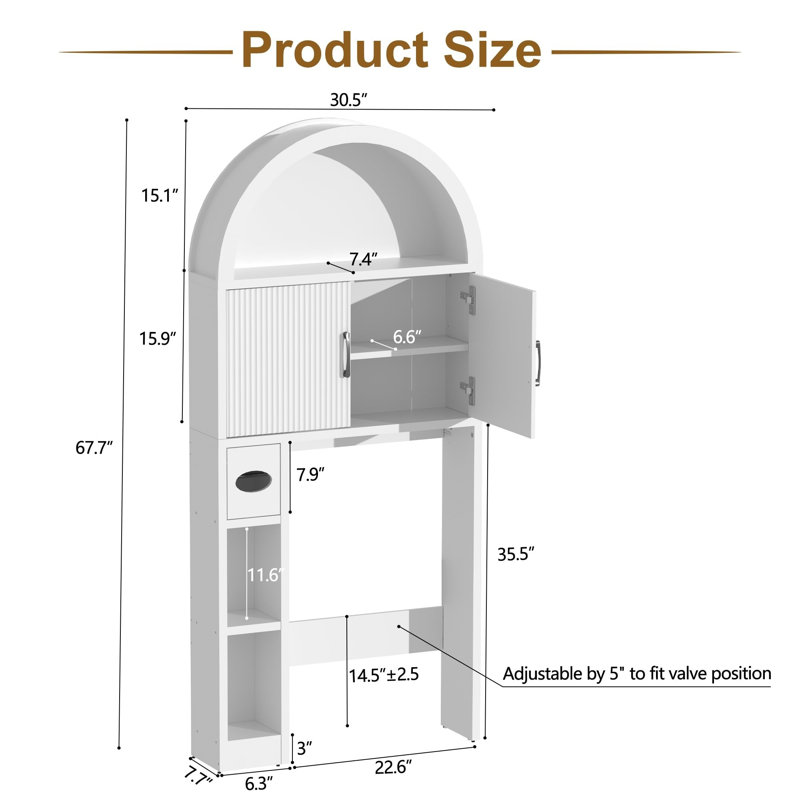 Over Toilet Storage Cabinet, Arched Doors, Adjustable Shelf, White