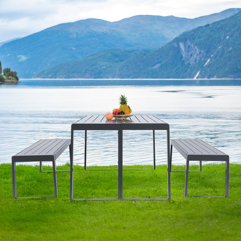 Aoodor 3-Piece 63" Metal Outdoor Patio Dining Set with Rectangular Table and Benches, Black
