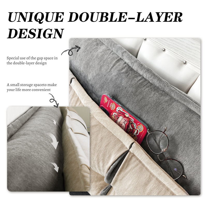 Two-layer Headboard Reading Back Support Pillow Comfortable Backrest Cushion, Beige, 22"H x 76"W