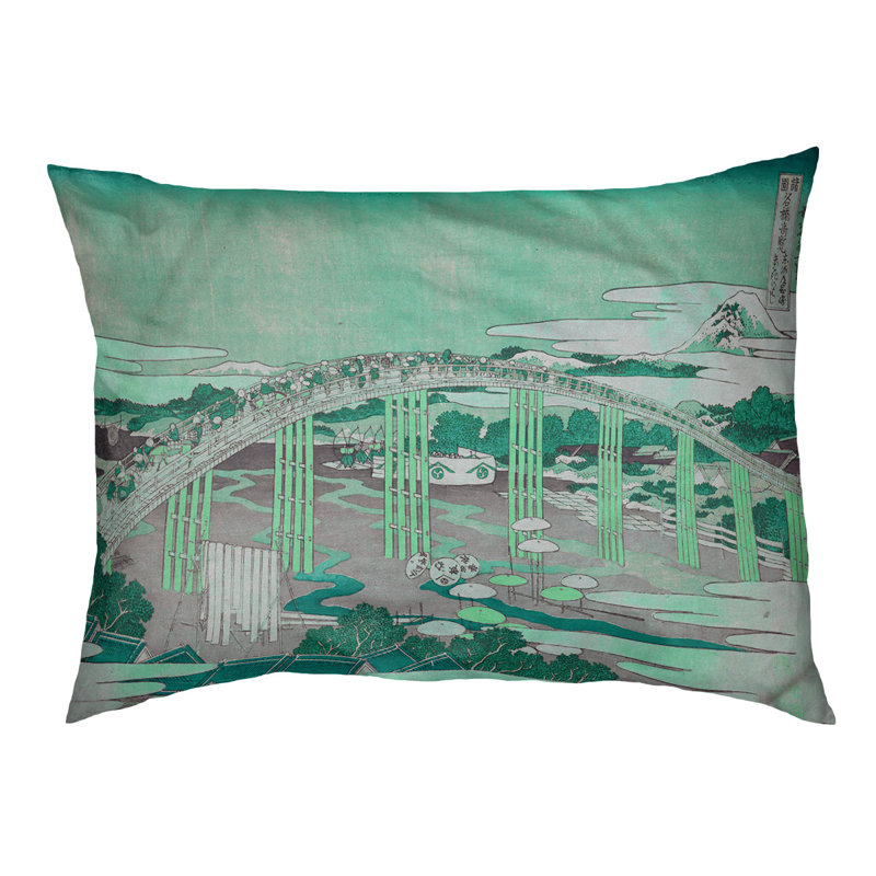 Coussin de conception japonaise bridge Burkart, L 32,5 po x l 42,5 po, Vert / brun foncé