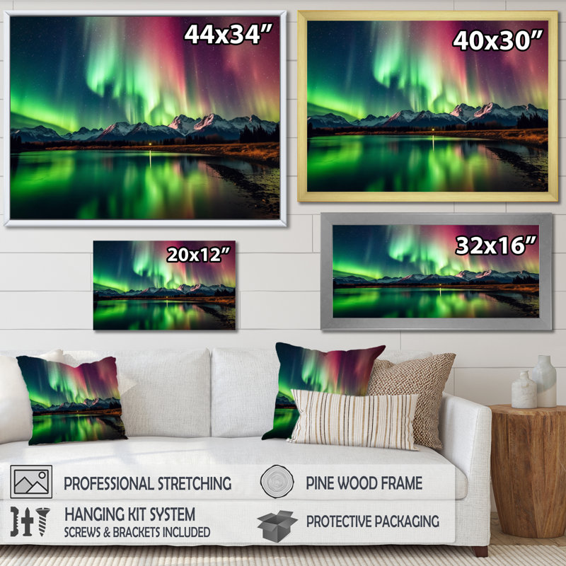 " Yukon Dream Aurora IV ", White Picture Frame, 16" H x 32" W x 1" D
