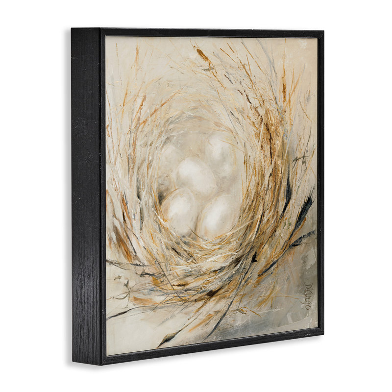 Abstrait bébé oiseau, nid d'œuf, animaux de campagne - peinture, H 12 po x l 12 po, Giclée encadrée noir minuit