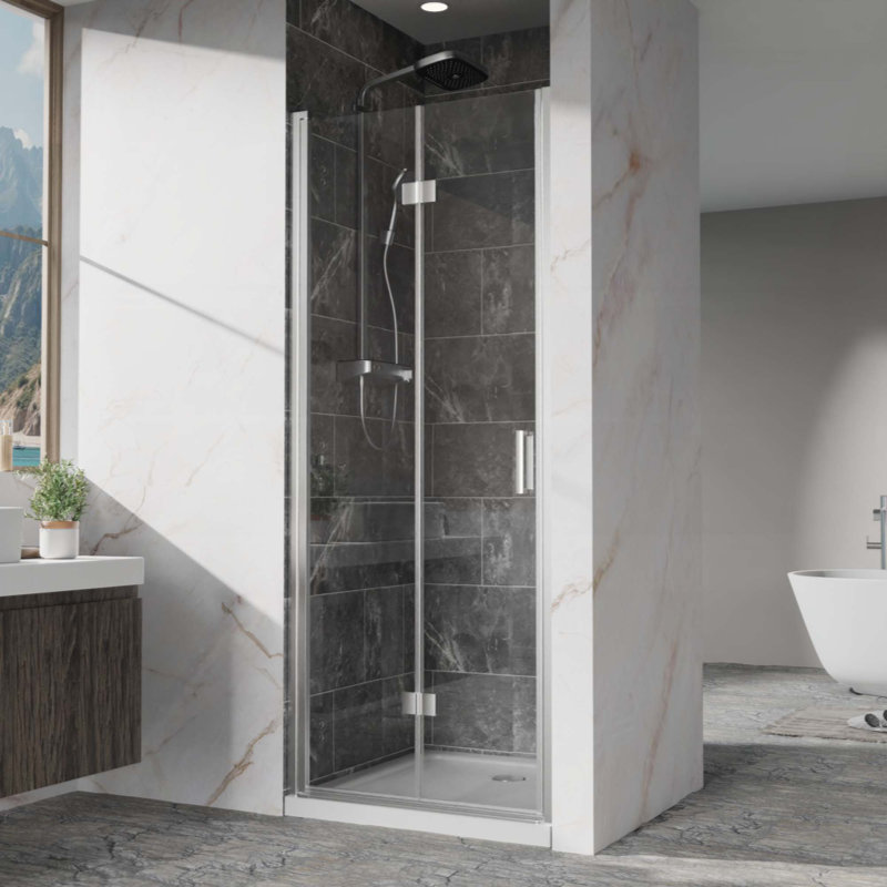 Pivot Shower Doors, Frameless Bi-Fold Swing Shower Door,1/4" (6Mm) Clear Tempered Glass, Chrome Finish Hardware, Reversible Installation