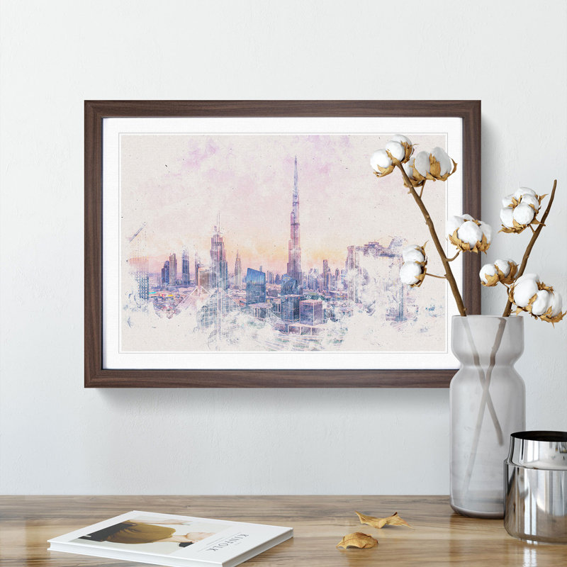 Dubai Skyline - Single Picture Frame Painting on MDF, 36cm H x 48cm W x 2cm D, Walnut Framed