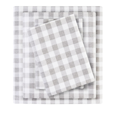 King Size 100% Cotton Flannel 4 Pcs Printed Sheet In Gray Herringbone Check Pattern Cozy Sleep With Flat Fitted Sheets And 2 Pillowcases Machine Washable Print Ultra - Soft For Hygiene