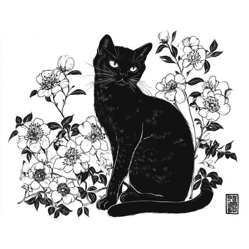 Art floral sur toile tendue avec un chat noir, H 16 po x l 24 po