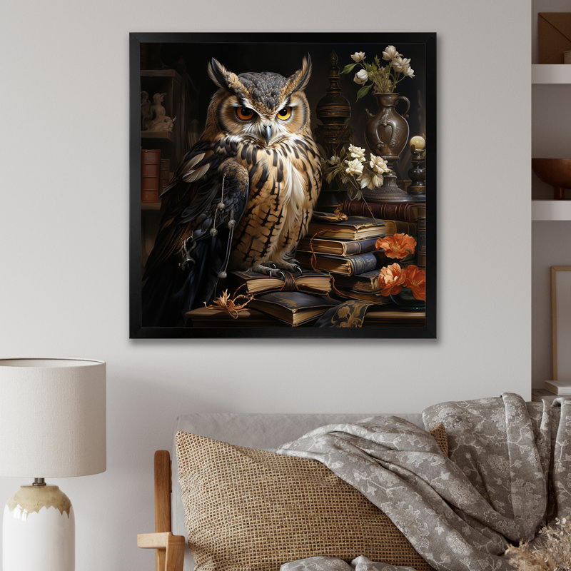 Art mural hibou brun de la Renaissance, Cadre simple noir, H 30 po x l 30 po x P 1,5 po