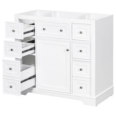 Base de meuble-lavabo blanc 36 po seulement. 1 armoire et 6 tiroirs. Bois massif et surface fabriquée. Teinture-surface. Rangement généreux. Assemblage facile sans lavabo, blanc, tiroirs de porte, faits de look moderne, finition peinte,