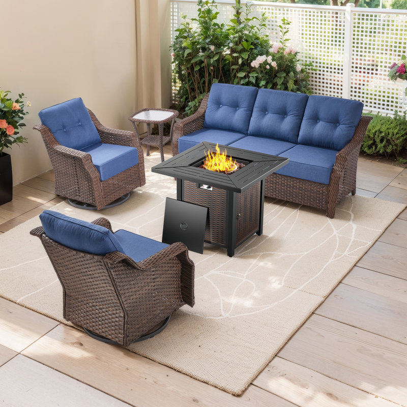 Elona 5-Piece Outdoor Wicker Patio Conversation Set With Square Metal Fire Pit, Swivel Gliders And Side Table For Patio, Blue