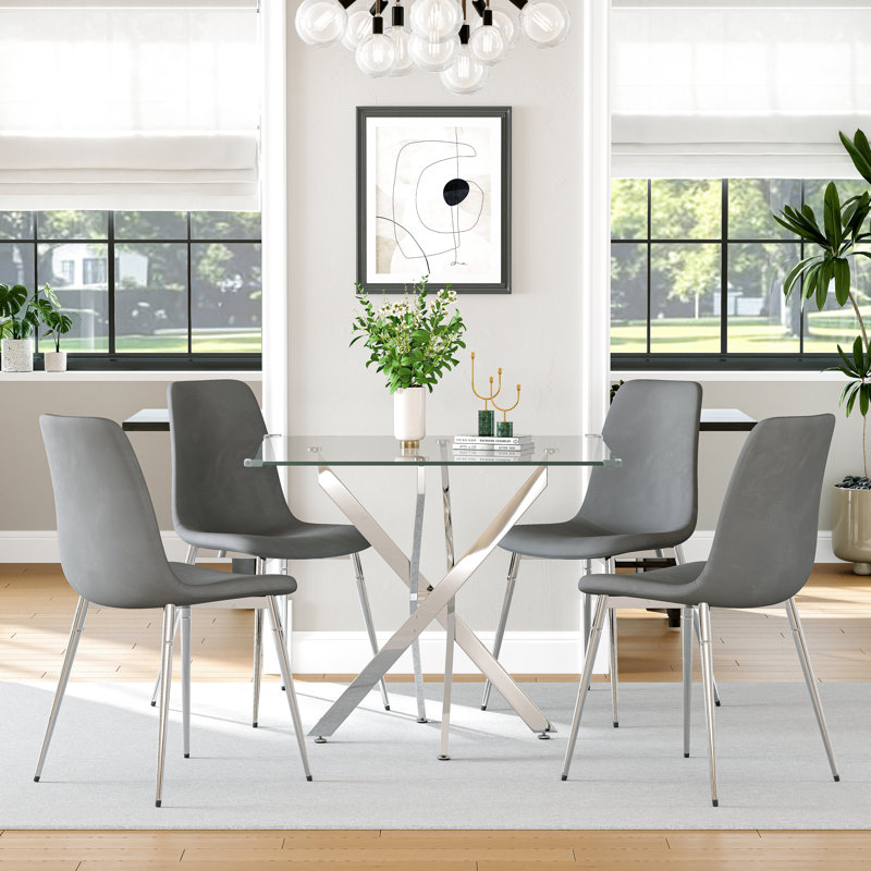 36" Square Glass Dining Table Set, Modern Stainless Steel Cross-Leg Base With 4 Velvet Upholstered Chairs, Silver/Gray/Silver