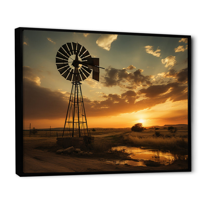 Texas Rustic Windmills - Wind Turbines, art mural pour le salon, H 24 po x l 32 po x P 1 po, Cadre flottant noir