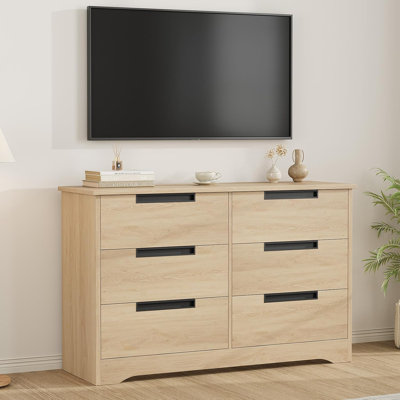 Modern 6 Drawer Dresser - Natural Wood Storage Organizer with Embedded Handles - Wide Chest of Drawers for Bedroom, Living Room, Nursery, Hallway - St