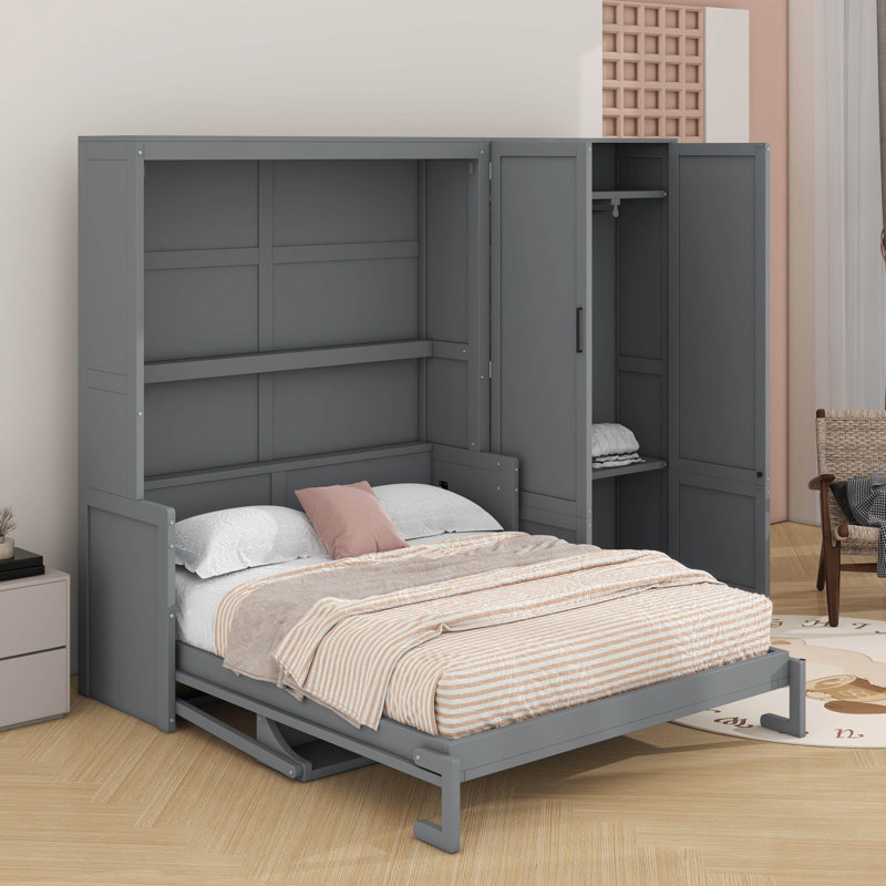 Grand lit escamotable mural avec placard, Gris