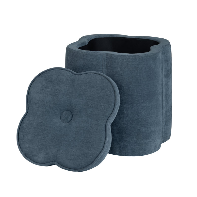 Chenille Flower Ottoman W/ Storage, Navy