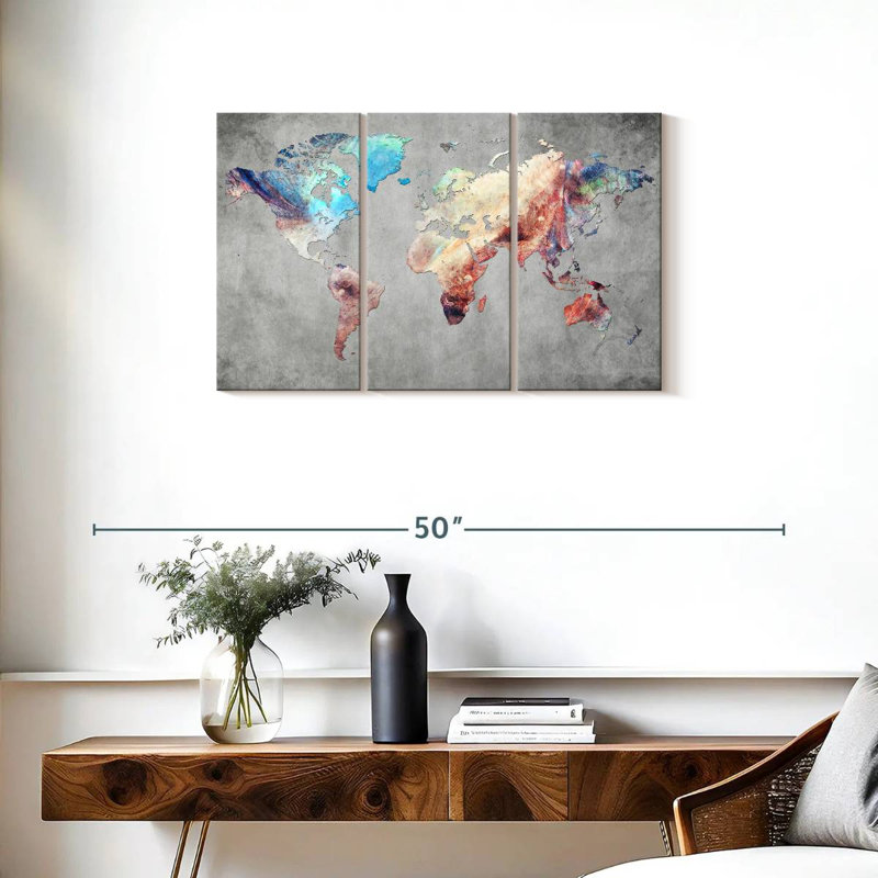 Carte du monde artistique sur toile, ensemble de 3 pièces, H 20 po x l 33 po x P 1,25 po