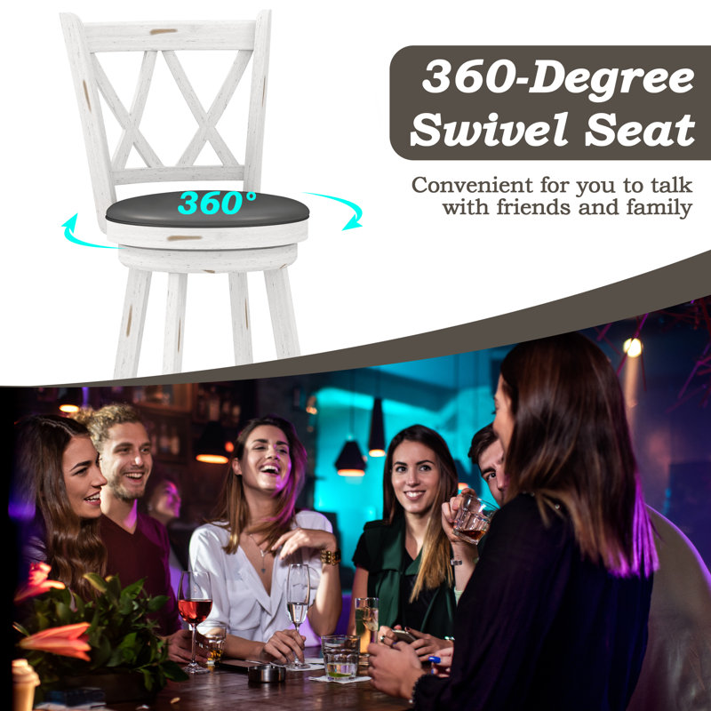 White and Gray Wood Swivel Bar Stools with Upholstered Seat