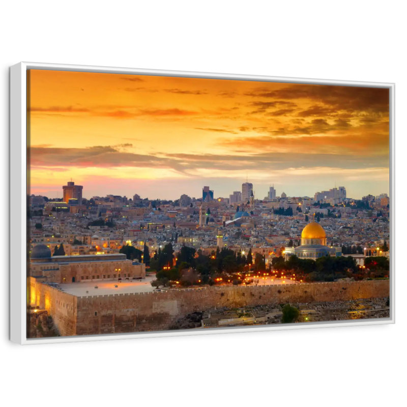 Paysage urbain de coucher de soleil de Jérusalem, Cadre flottant blanc, 43 po x 29 po
