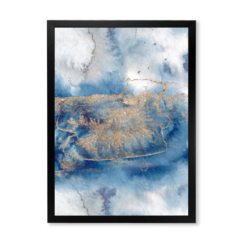 Abstrait classique bleu et or I - peinture sur toile, H 40 po x l 30 po, Cadre d'angle fermé noir