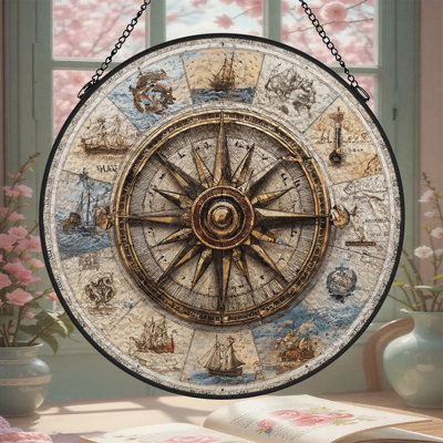 Vintage Compass Rose_1 Stained Glass Panels Suncatcher for Window Decor