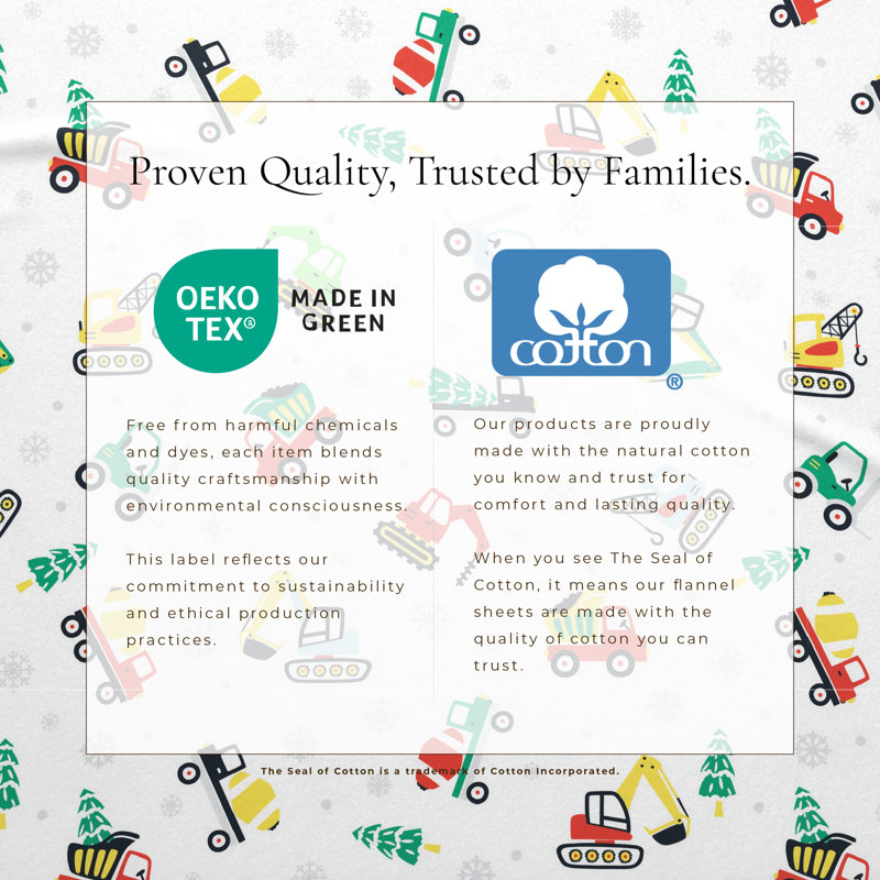 100% Turkish Cotton Flannel Christmas Sheet Sets, Christmas Toy Trucks, Queen with 2 Pillowcases