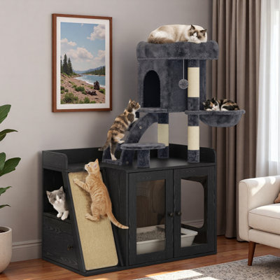 Arbre à chat avec lumière DEL, bac à litière caché, planche à gratter en sisal, espace de rangement, maisonnette pour chat et hamac confortable