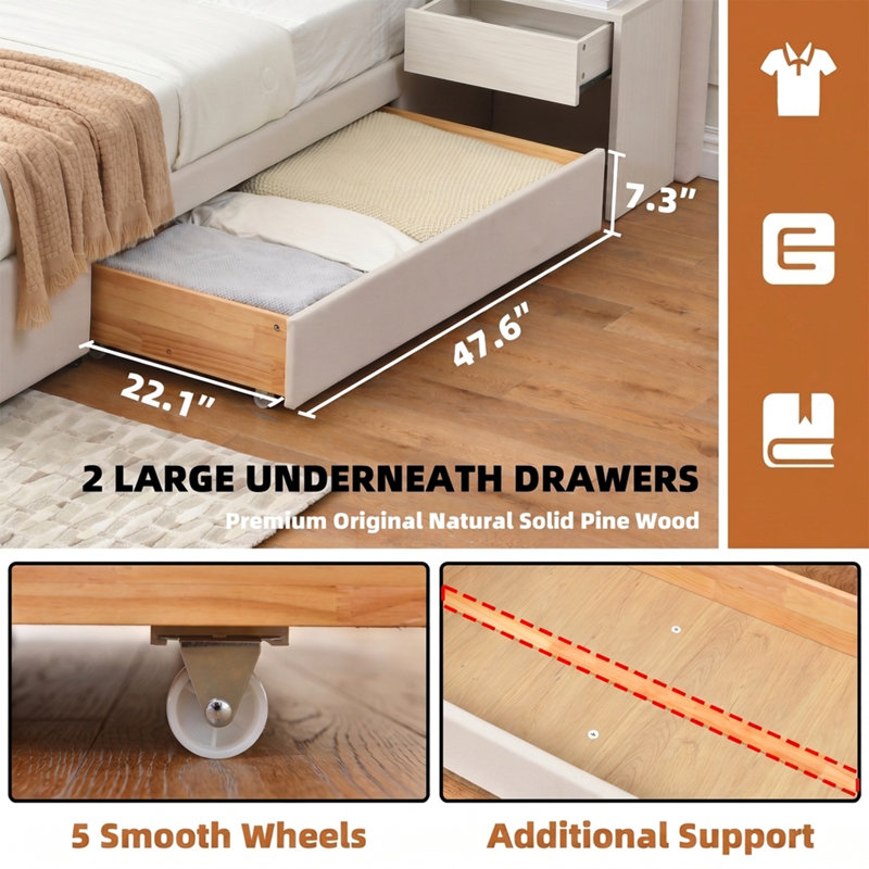 Tall Headboard Upholstered Platform Bed with Nightstands, Drawers & Floating Shelves, King, Beige Velvet, Beige, King