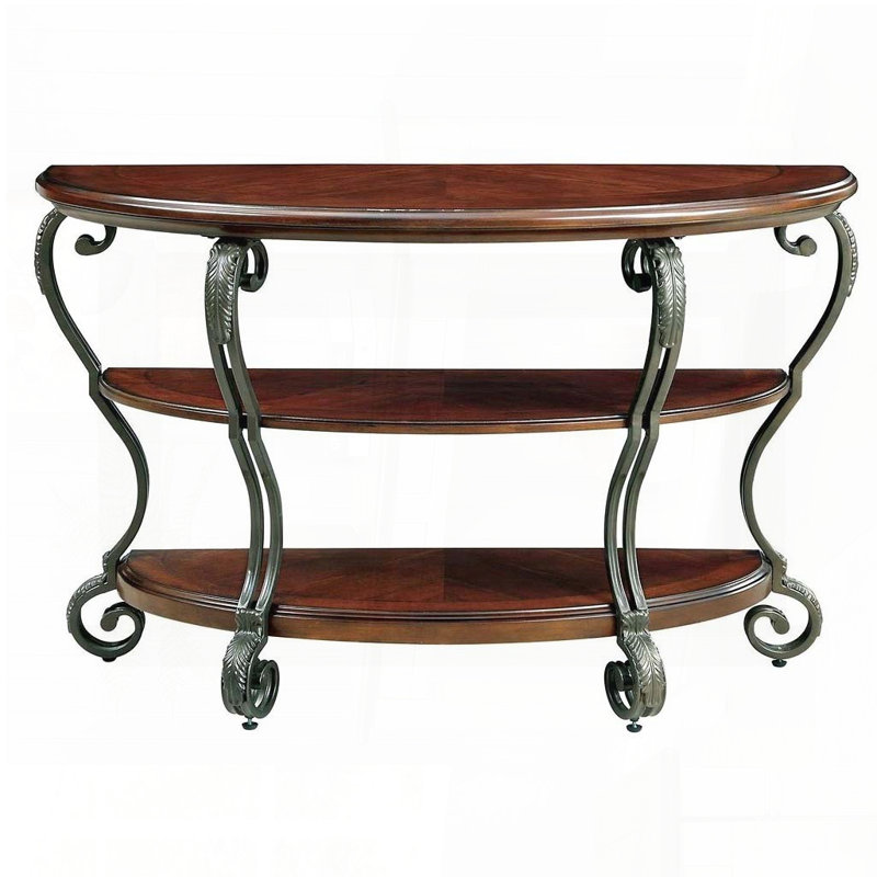 Traditional Sofa Table with Ornate Scroll Legs and Open Shelf – Brown Cherry